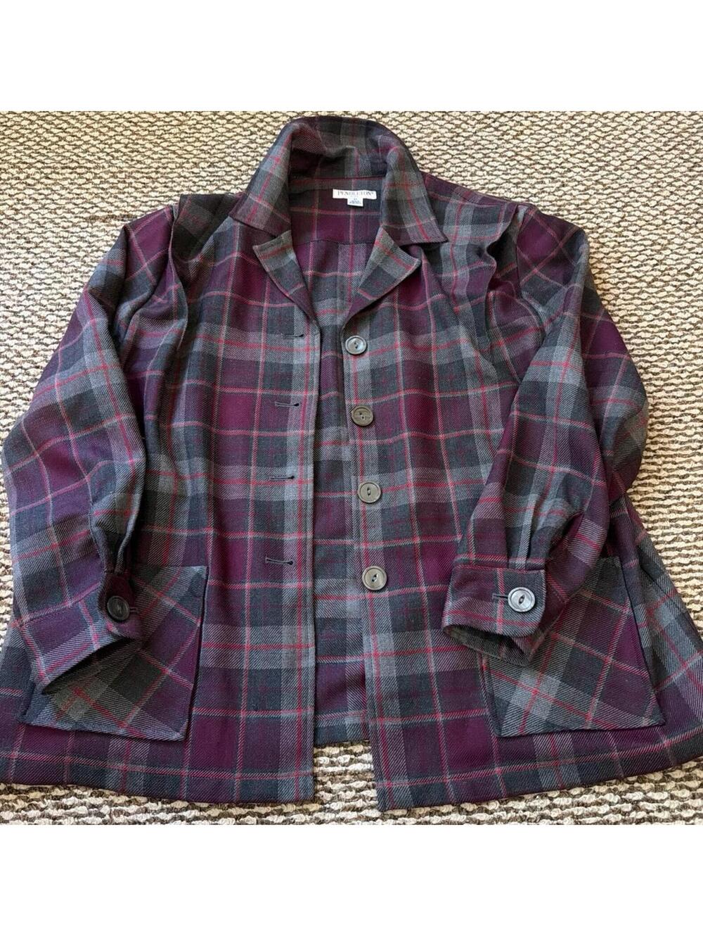 Pendleton Jacket Womens 2XL Gray Purple Check Button 100% Wool Coat